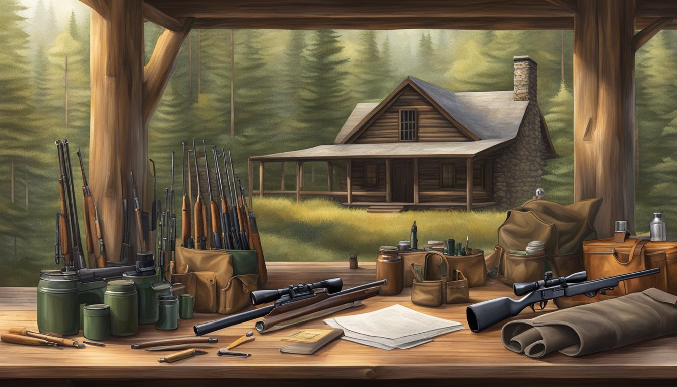 A rustic hunting cabin in the New Hampshire woods, with rifles, ammunition, and hunting gear laid out on a wooden table