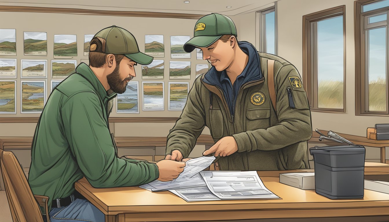 A hunter purchasing a nonresident hunting permit at a Nebraska wildlife office