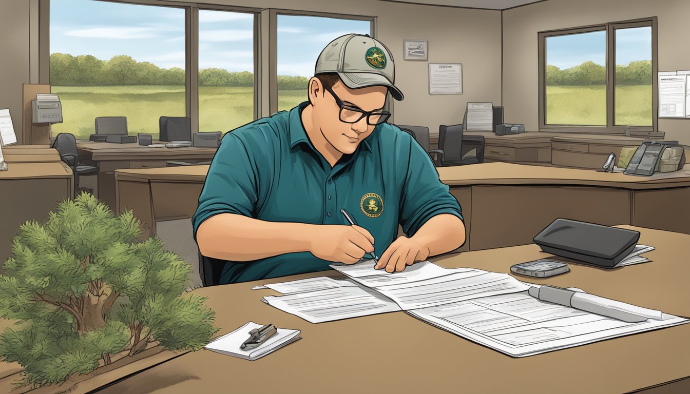 A person filling out a nonresident hunting license form at a Nebraska state park office