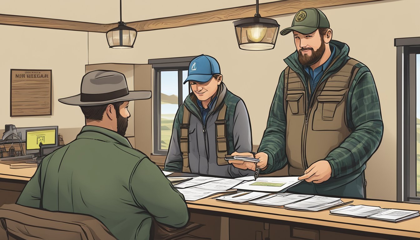 A hunter purchasing a Nebraska non-resident hunting license from a wildlife official at a licensing station