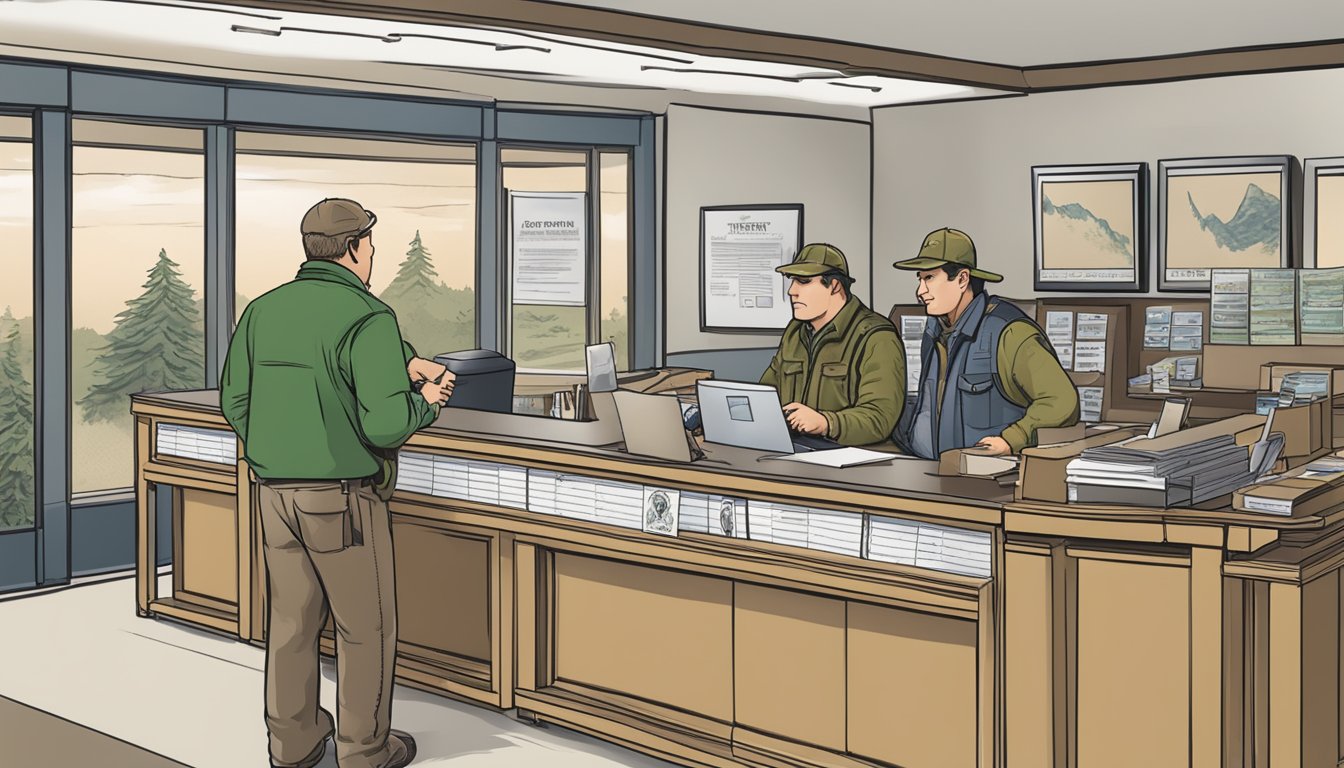 A hunter purchasing a Missouri non-resident hunting license at a government office counter