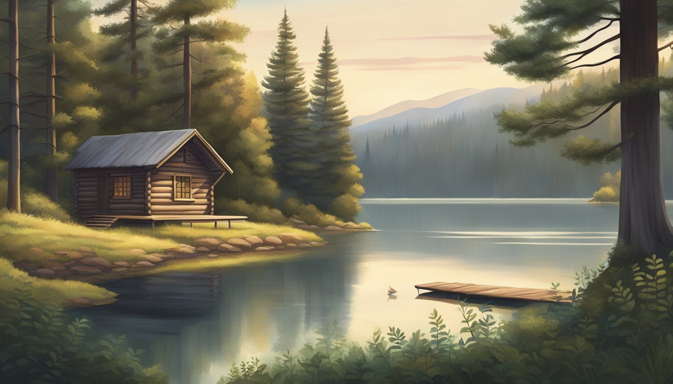 A peaceful forest clearing with a small wooden hunting cabin, surrounded by tall trees and a serene lake in the background