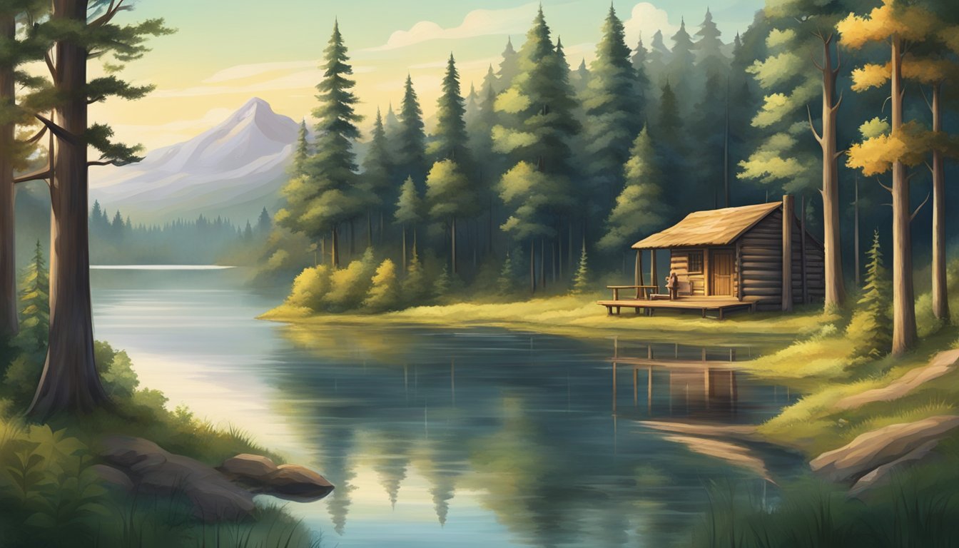 A tranquil forest clearing with a rustic hunting cabin, surrounded by tall trees and a serene lake in the background