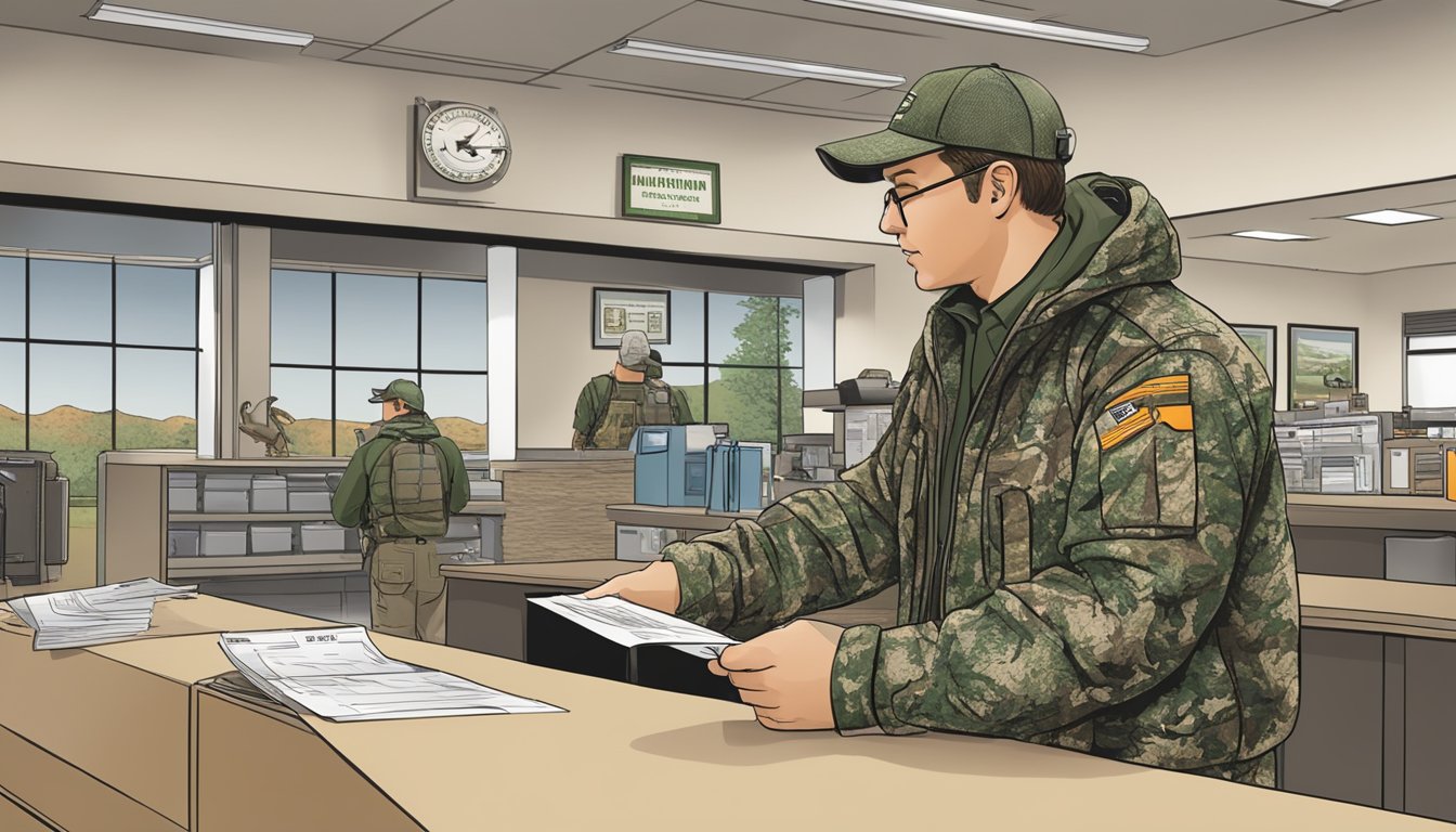 A hunter in camouflage gear purchasing a Nebraska non-resident hunting license at a wildlife department office counter