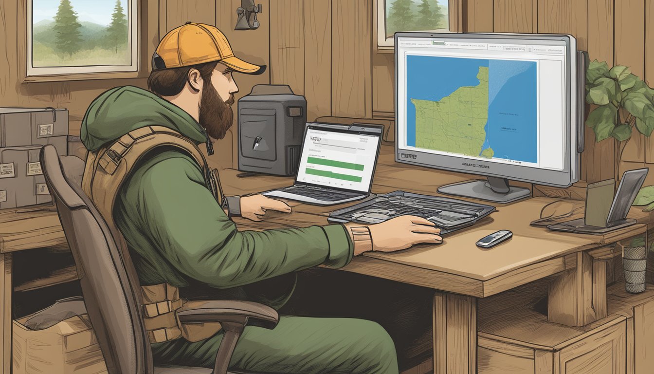 A hunter purchasing a Missouri non-resident hunting license online using a computer and credit card