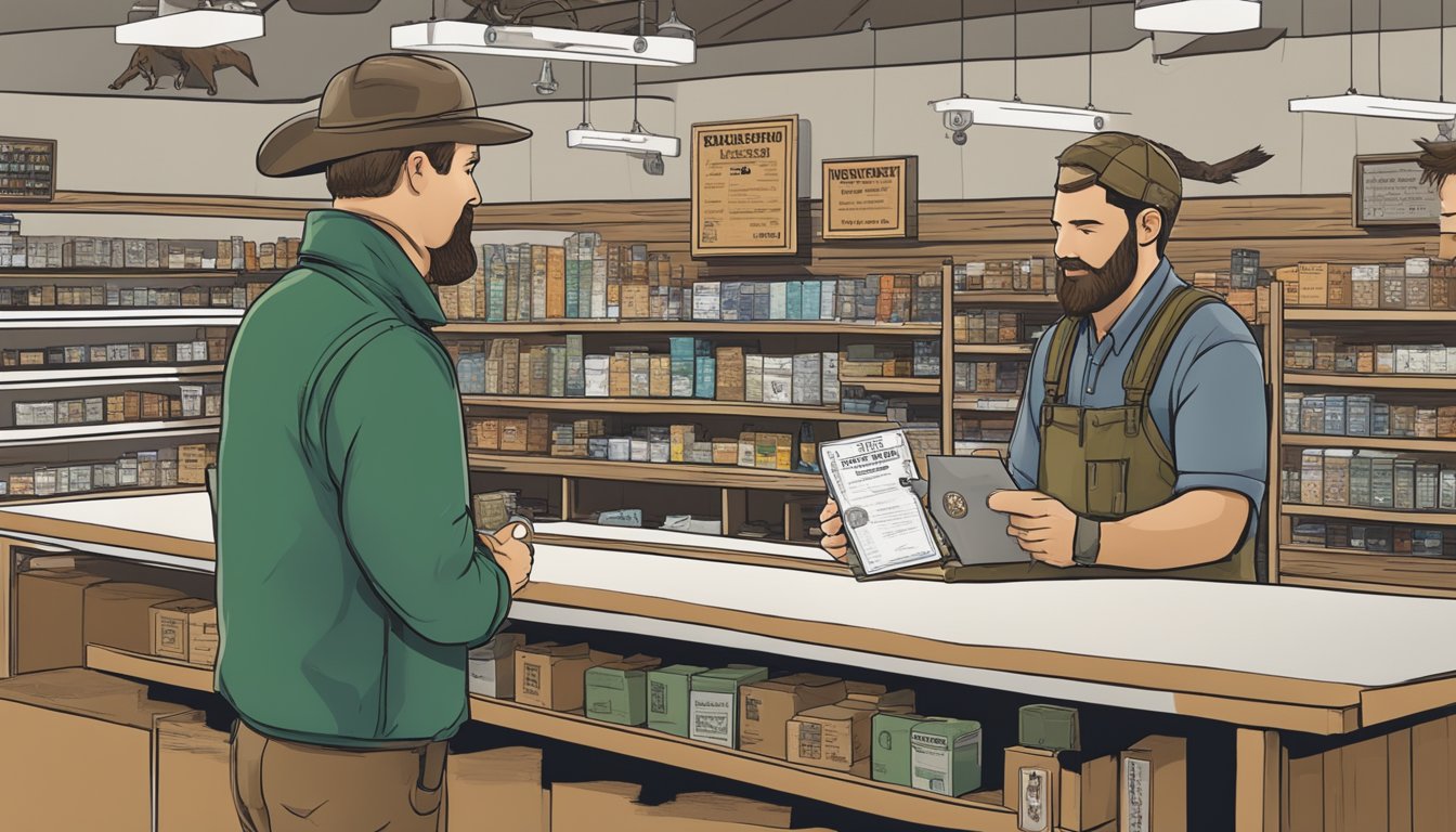 A hunter purchasing a Missouri non-resident hunting license at a local outdoor store