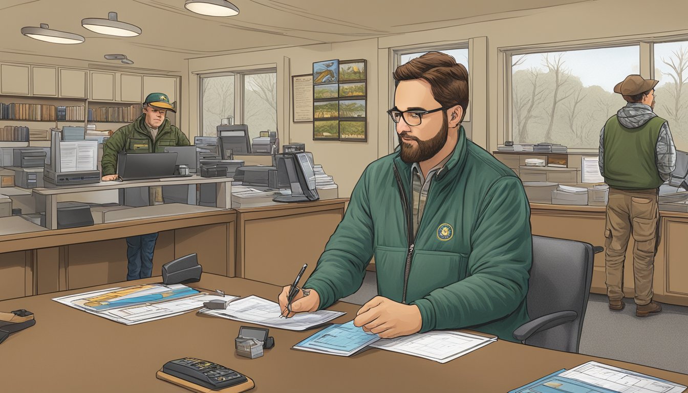 A hunter purchasing a non-resident hunting license at a New York state wildlife office