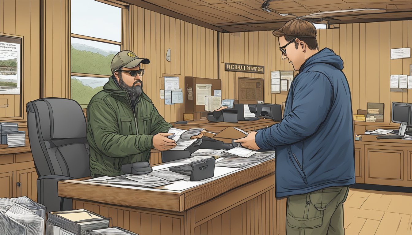 A hunter purchasing a non-resident hunting license at a New Jersey wildlife office