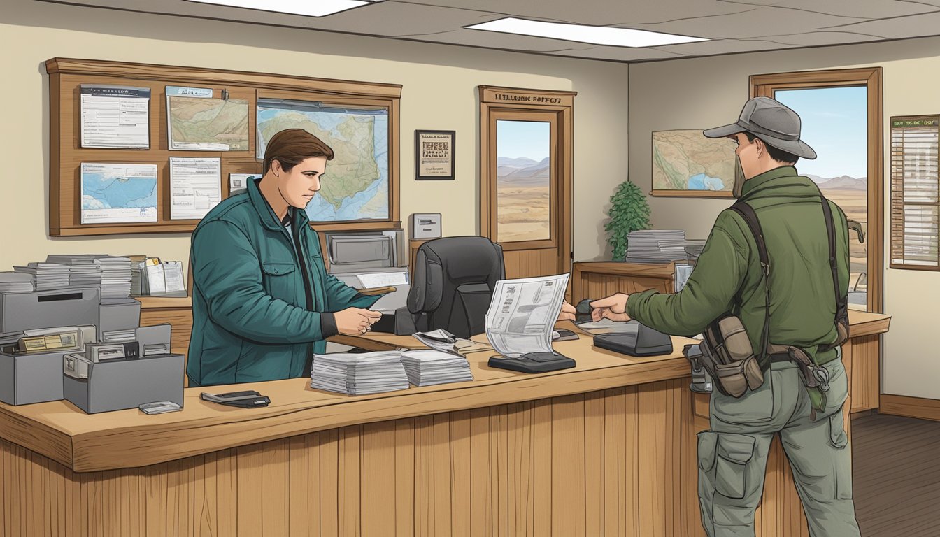 A hunter purchasing a Nevada non-resident hunting license at a wildlife agency office counter