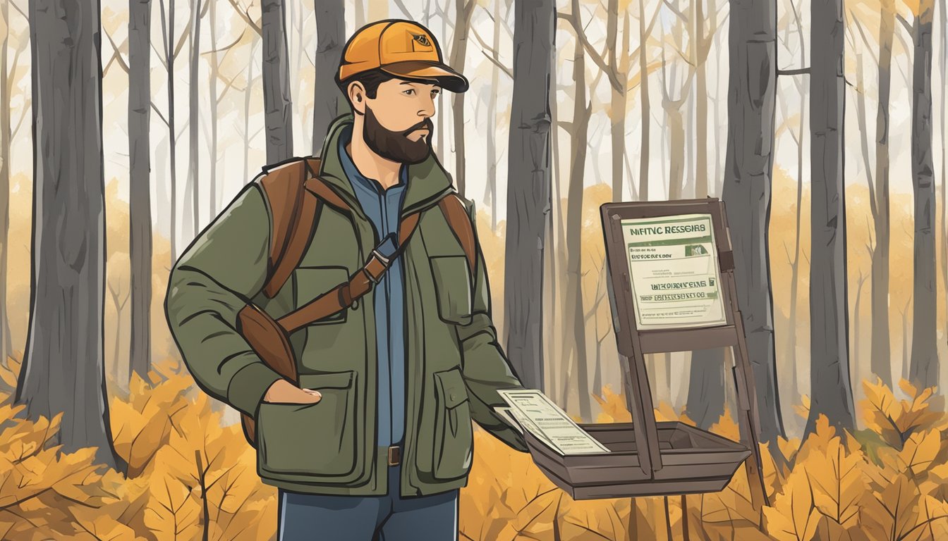 A hunter holding a New York Non Resident Hunting License while standing in front of a safety education course sign in the woods