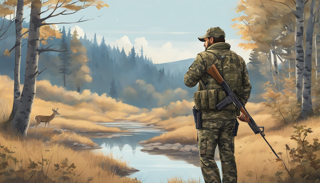 A hunter in camouflage clothing holding a rifle, standing in a wooded area with a clear sky and a deer in the distance