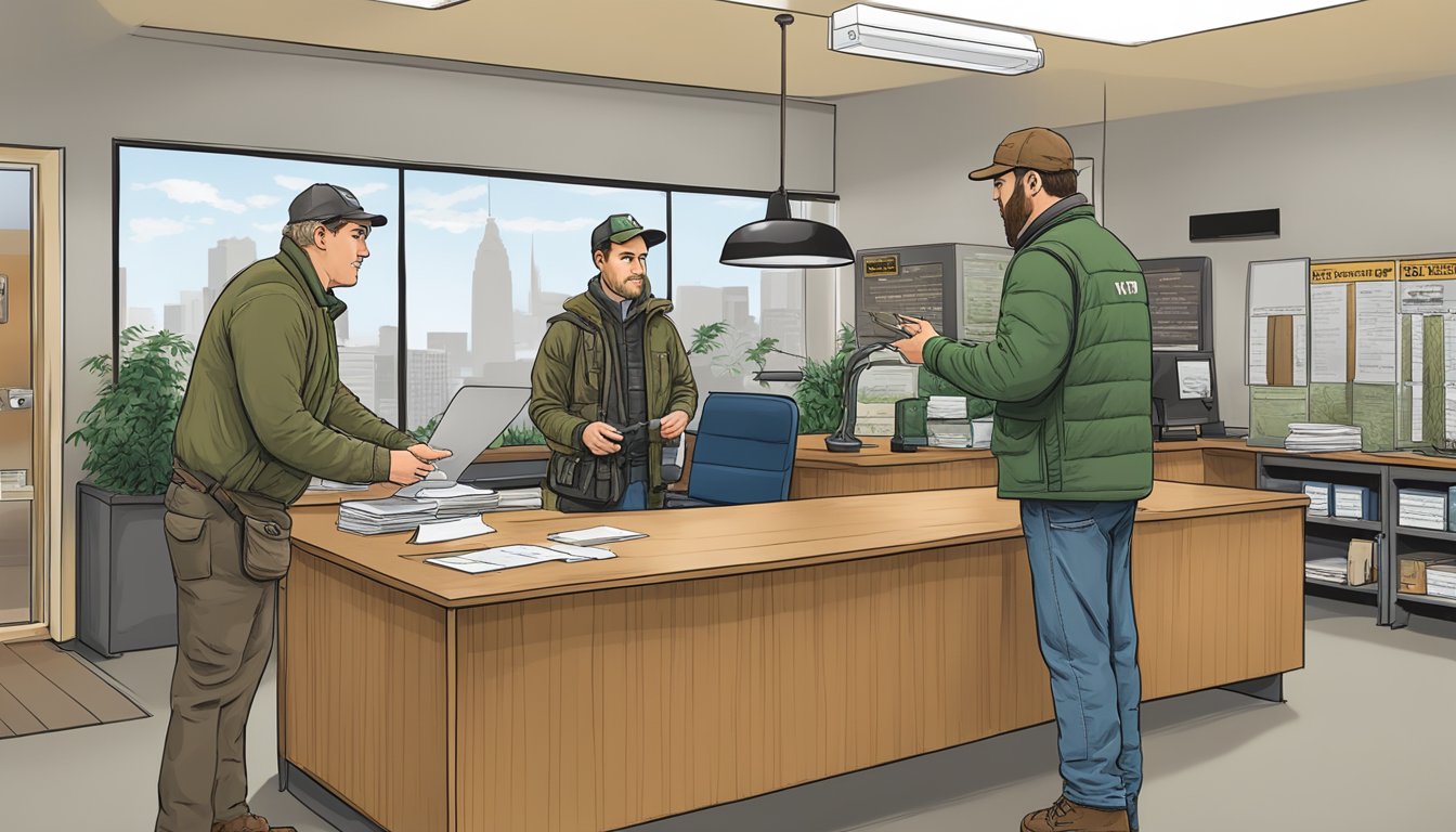 A hunter purchasing a New York non-resident hunting license at a state wildlife agency office