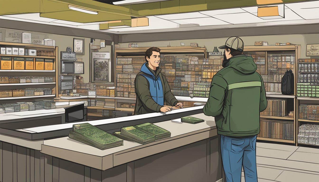 A hunter purchasing a New York non-resident hunting license at a sporting goods store counter