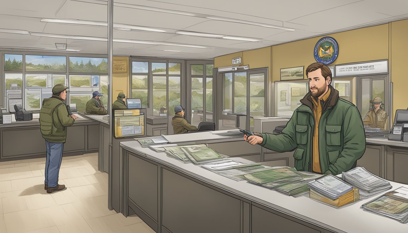 A hunter purchasing a New York non-resident hunting license at a state wildlife office counter