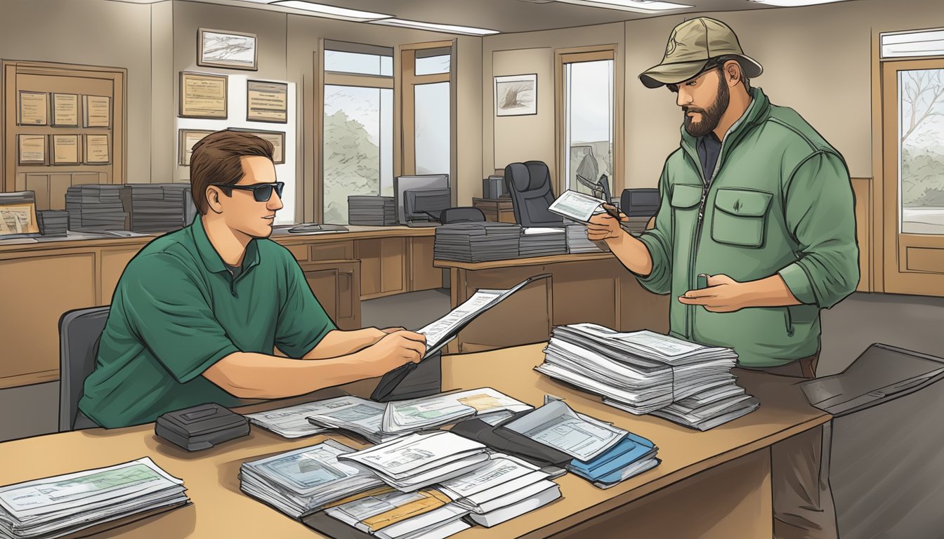 A hunter purchasing a New Jersey non-resident hunting license at a government office, providing necessary documentation and paying the required fees