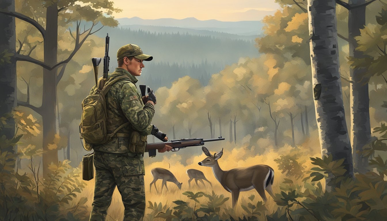 A hunter in camouflage holding a rifle, standing in a wooded area with deer and other wildlife in the background