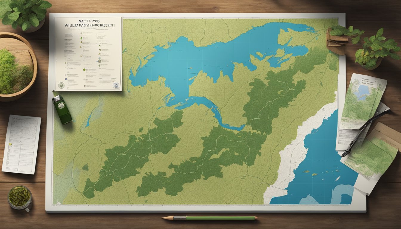 A serene forest with changing foliage, a map of New York's wildlife management units, and a hunting license displayed on a wooden table