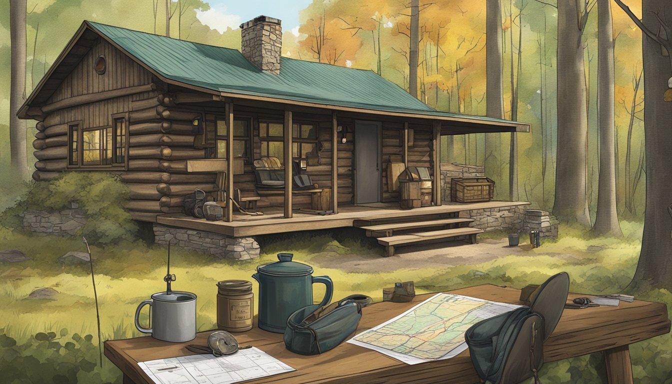 A rustic cabin in a wooded area with a hunting license displayed on a table, surrounded by hunting gear and maps of New York