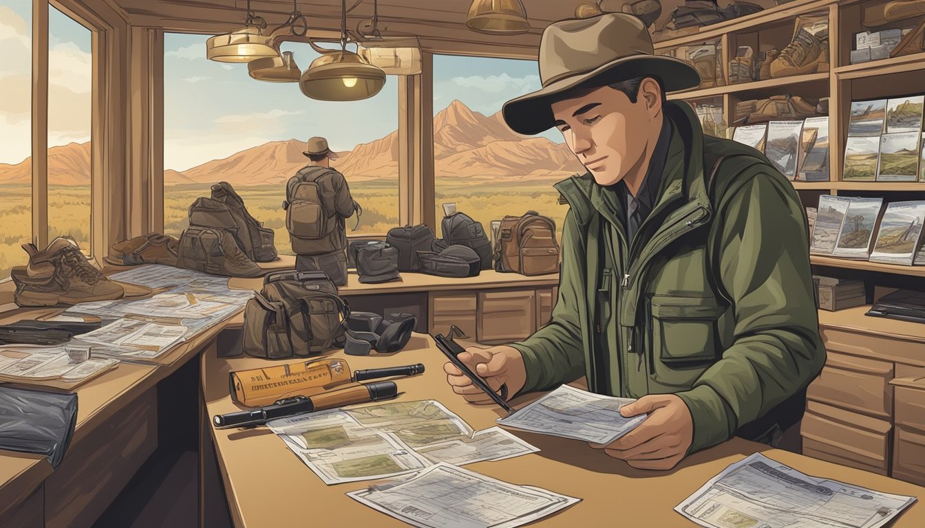 A hunter purchasing a Nevada non-resident hunting license at a state wildlife office, surrounded by hunting gear and wildlife posters