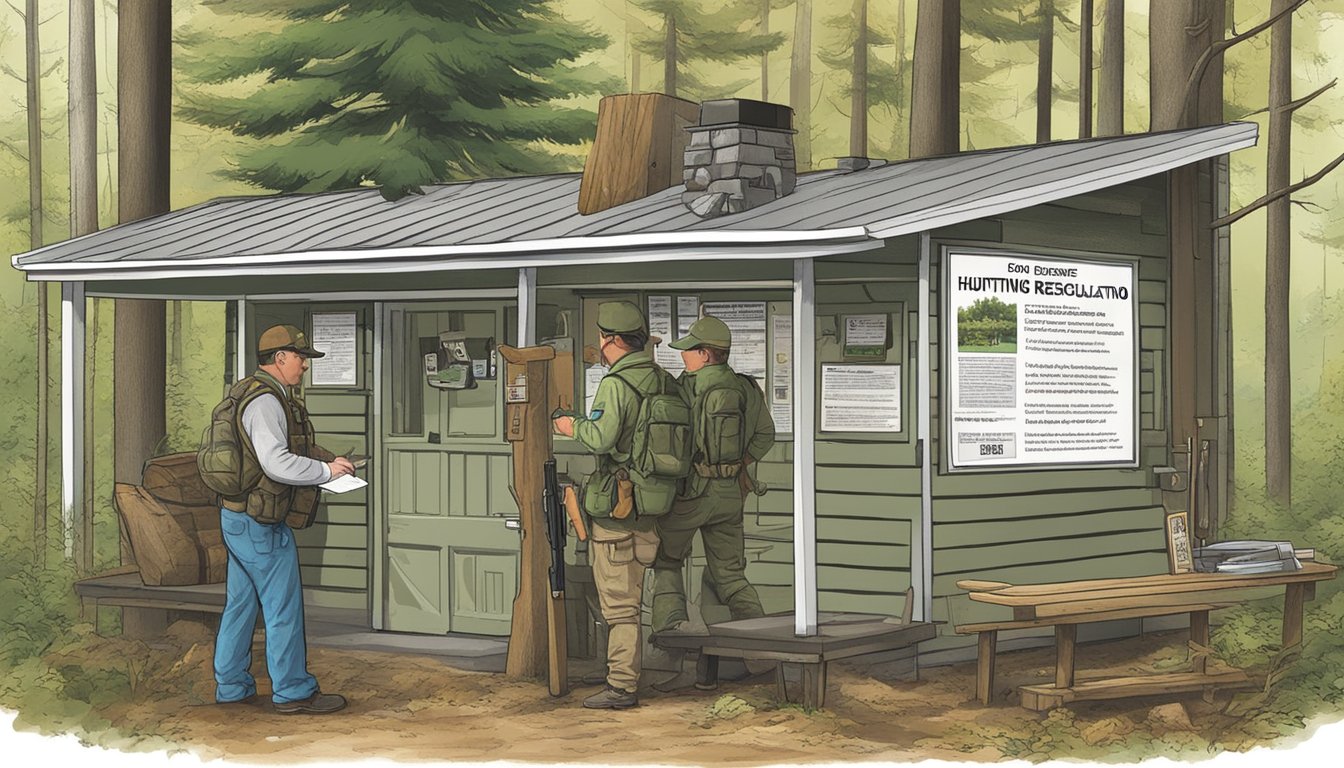 A forest scene with a hunter purchasing a New Jersey non-resident hunting license from a ranger station, with signs displaying hunting regulations and compliance