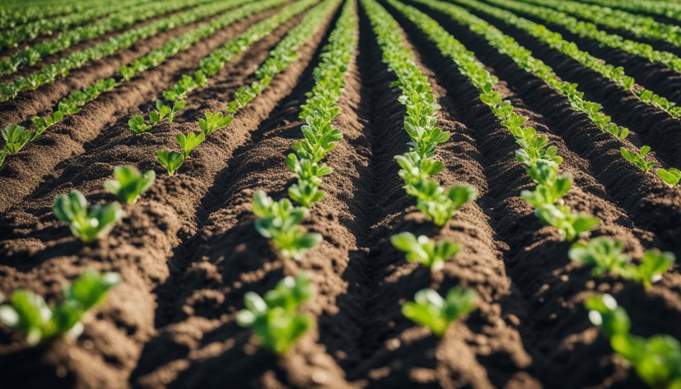 Tiny carrot seeds lie in furrow, surrounded by fine soil and dusted with morning dew. Twine measuring line runs alongside row