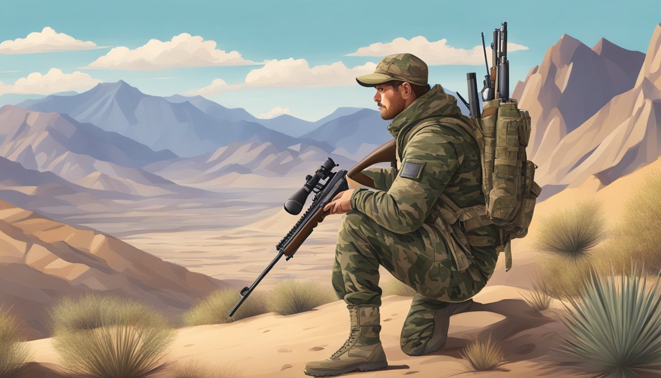 A hunter in camouflage holding a rifle in a desert landscape with mountains in the background