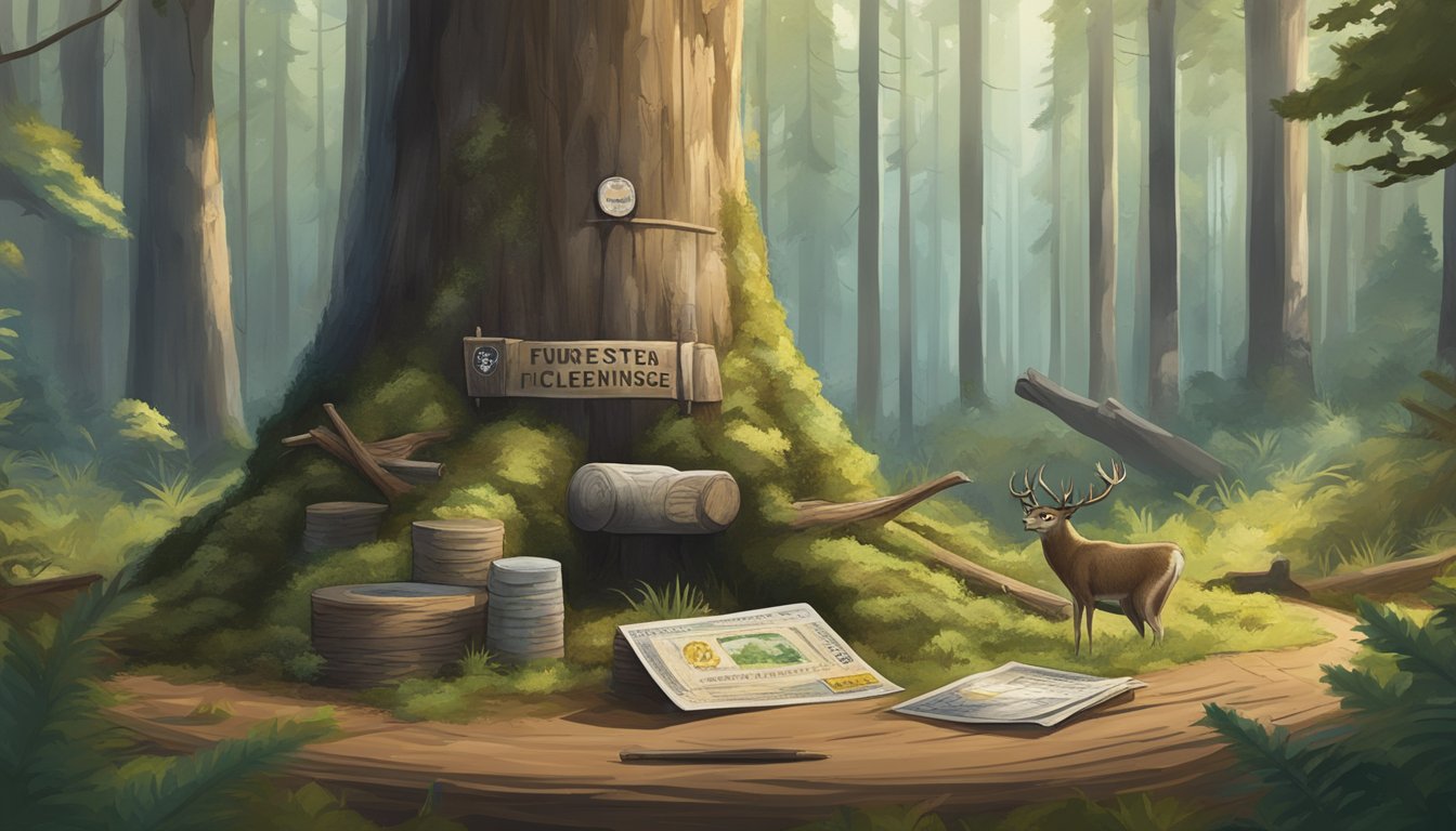 A forest clearing with a hunting license displayed on a tree stump, surrounded by trees and wildlife