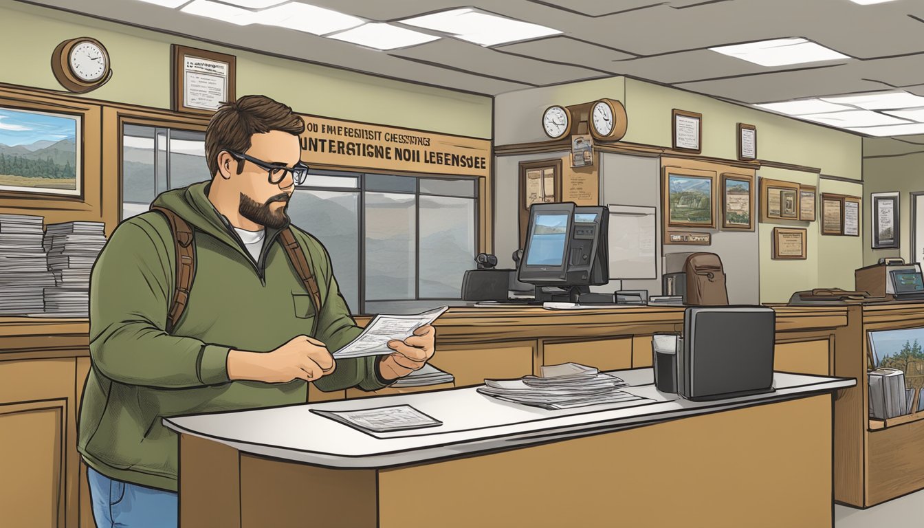 A hunter purchasing an Ohio non-resident hunting license at a wildlife office counter