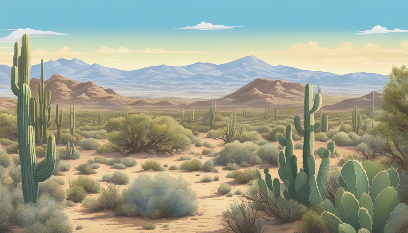 A desert landscape with cacti, sagebrush, and a clear blue sky, with a hunter's license and a map of New Mexico