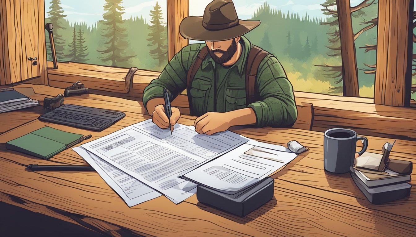 A hunter fills out an Oklahoma non-resident hunting license application form at a rustic wooden desk in a cozy cabin surrounded by forest