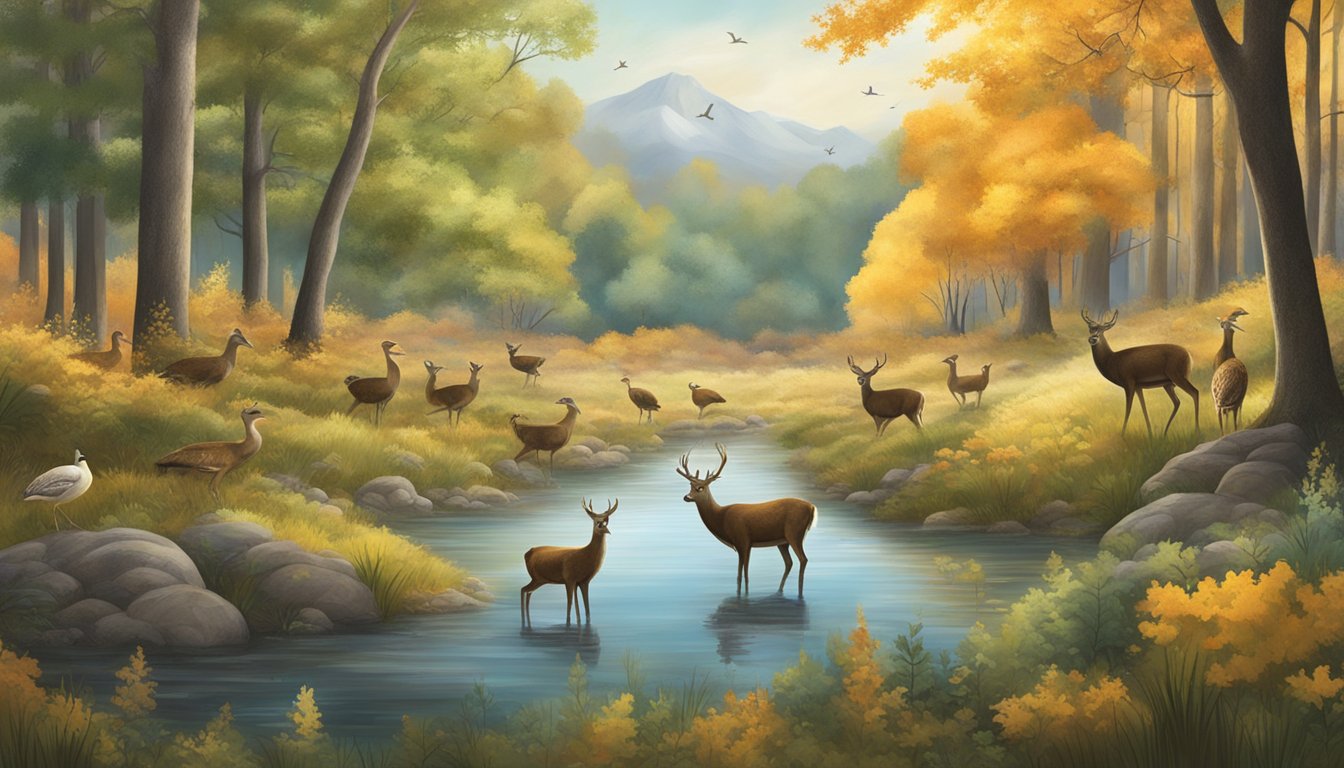 A serene forest with a variety of wildlife, including deer, turkeys, and ducks, set against a backdrop of changing seasons