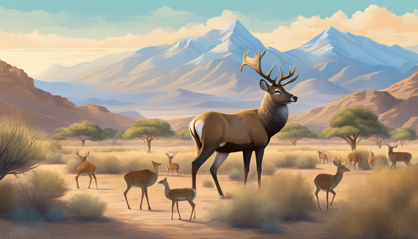 A serene desert landscape with native wildlife, including deer, elk, and birds, against a backdrop of mountains and clear blue skies