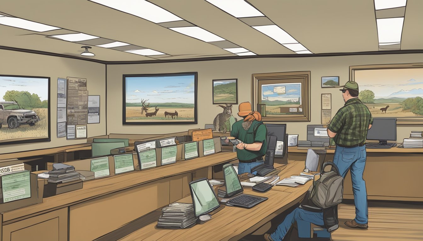 A hunter purchasing a non-resident hunting license at an Oklahoma wildlife office