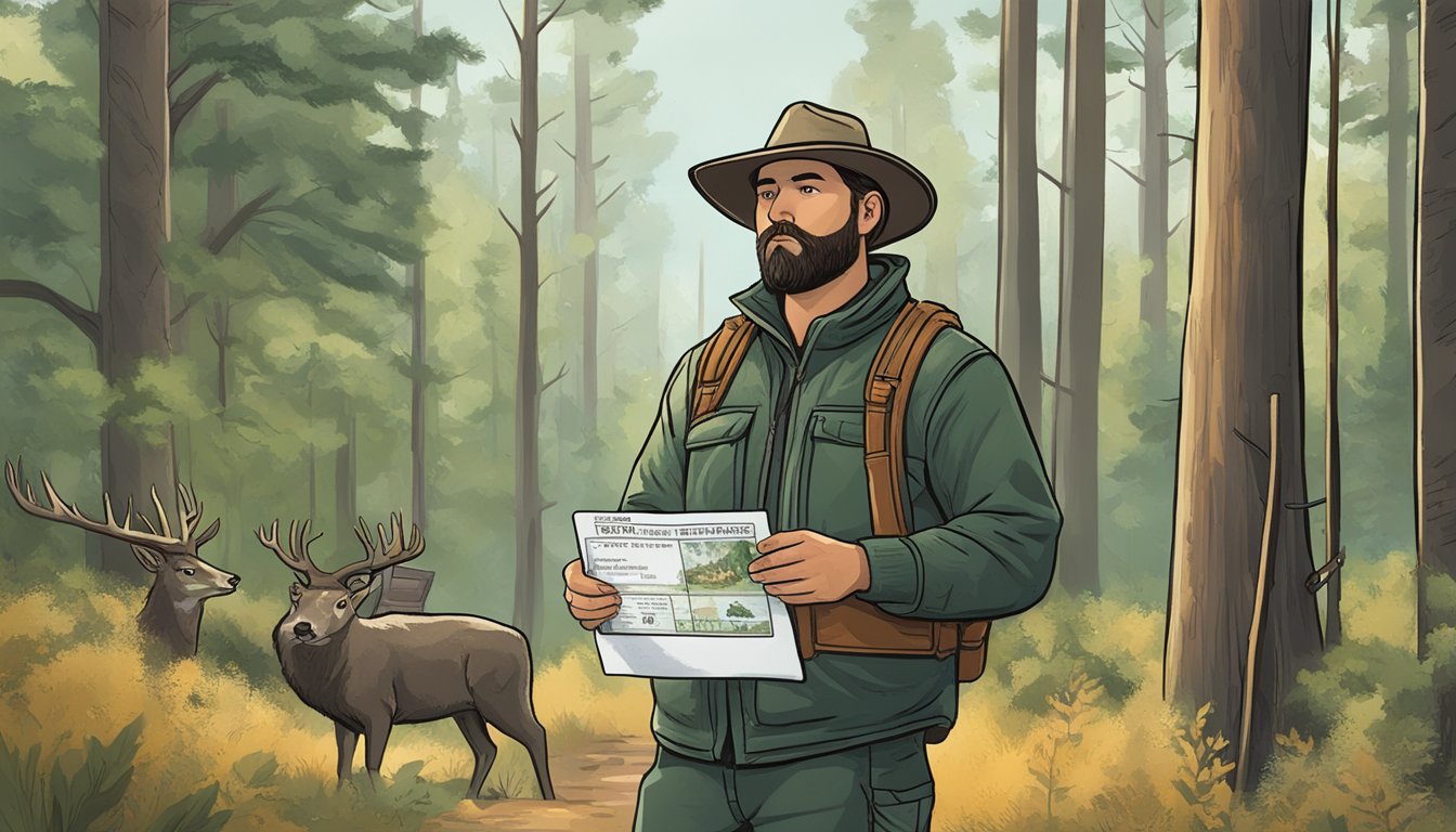 A hunter holding an Oklahoma Non Resident Hunting License while standing in a forest clearing, surrounded by trees and wildlife