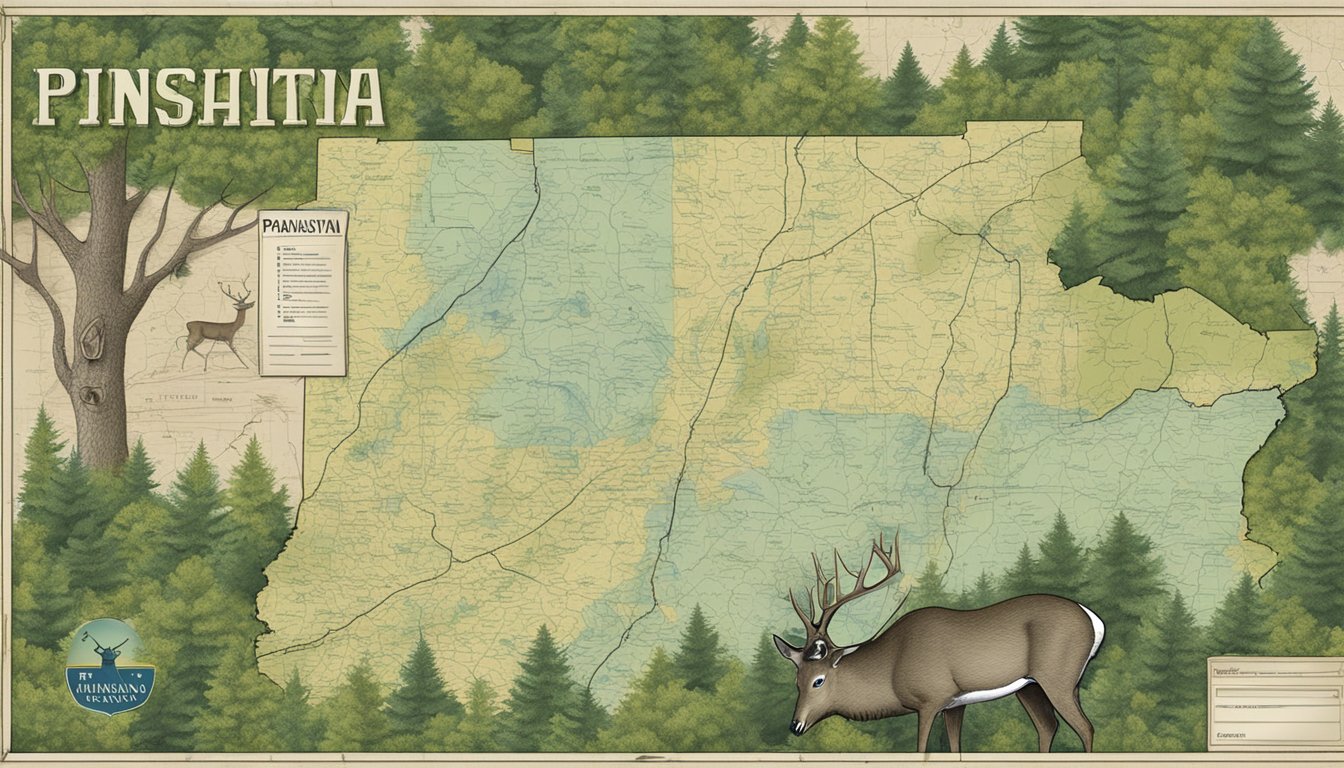 A forest backdrop with a deer silhouette and a map of Pennsylvania, along with hunting gear and a non-resident hunting license