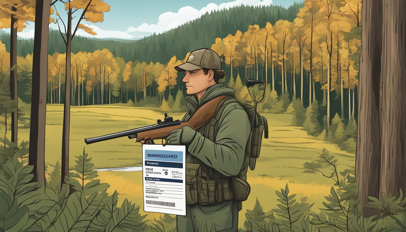 A hunter holding a Pennsylvania Non Resident Hunting License with a forest background and a rifle slung over their shoulder