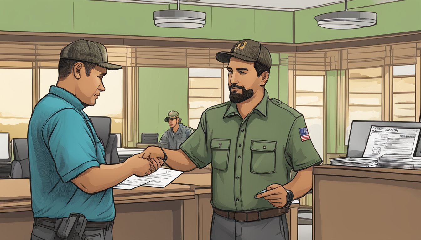 A hunter purchasing a Puerto Rico Non Resident Hunting License from a government office clerk