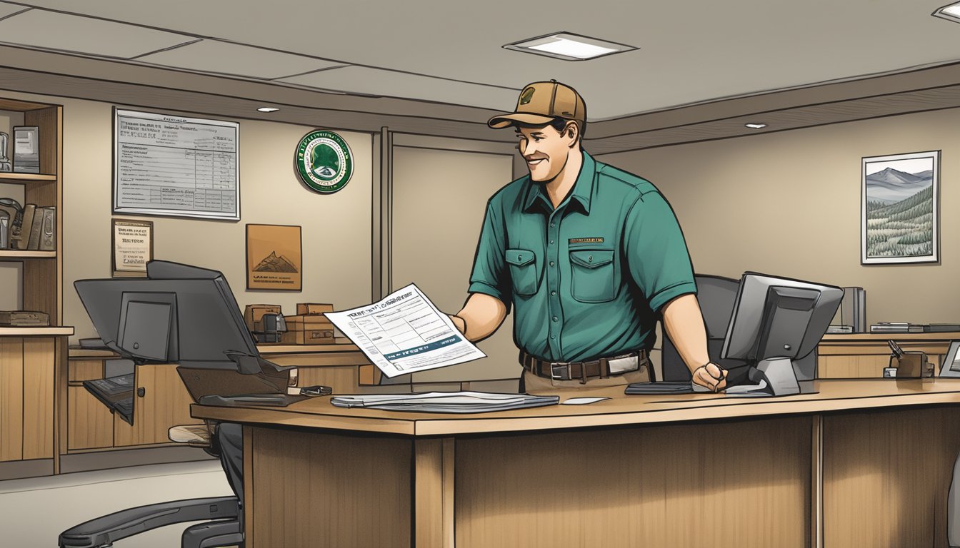 A hunter purchasing a North Dakota nonresident hunting license at a wildlife department office