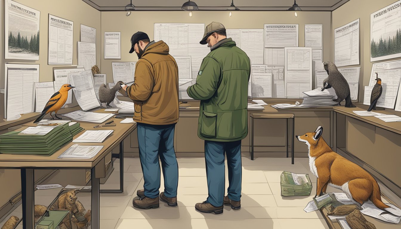 A hunter fills out forms at a government office, surrounded by posters of wildlife and hunting regulations. A clerk assists nearby