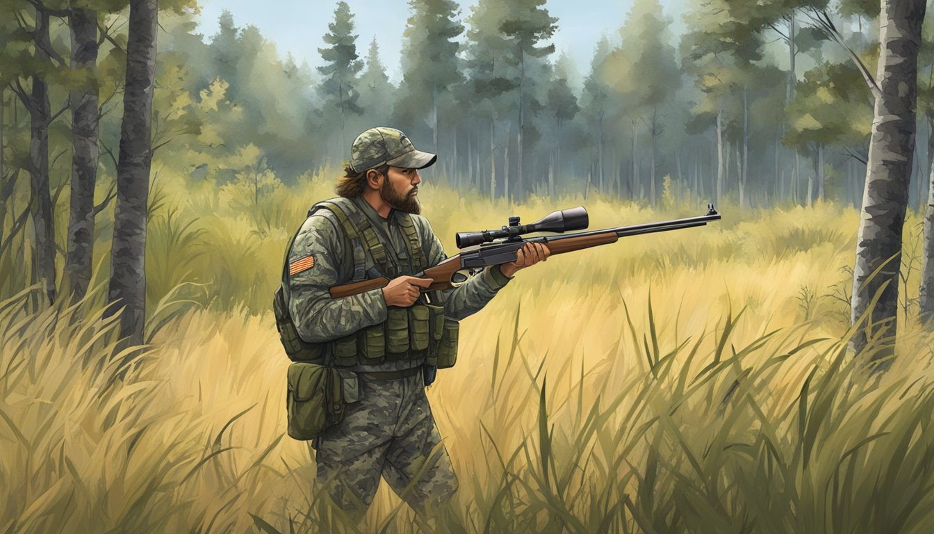 A hunter in camouflage gear holds a rifle, surrounded by tall grass and trees in a North Dakota forest