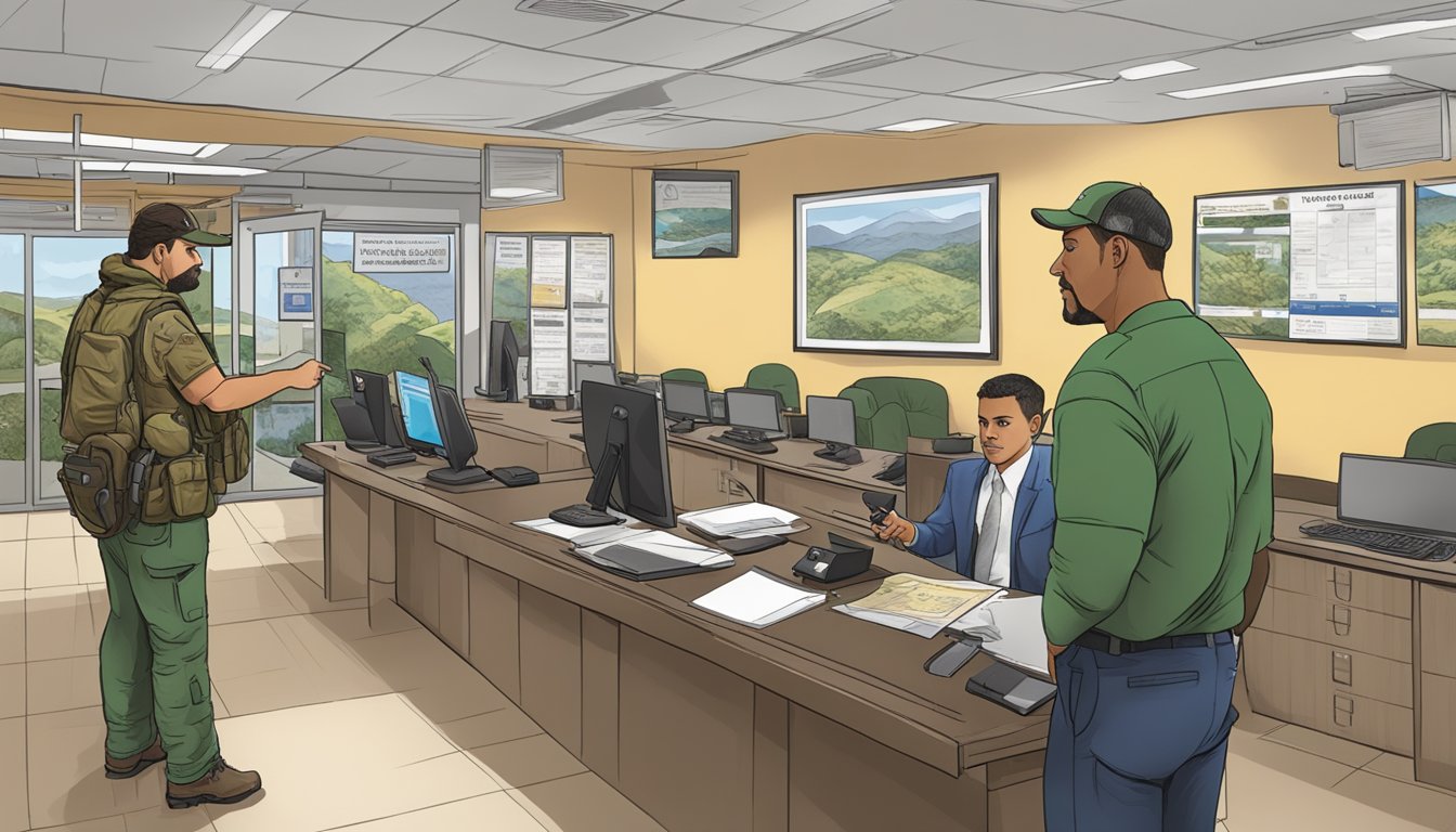 A hunter purchasing a non-resident hunting license at a government office in Puerto Rico