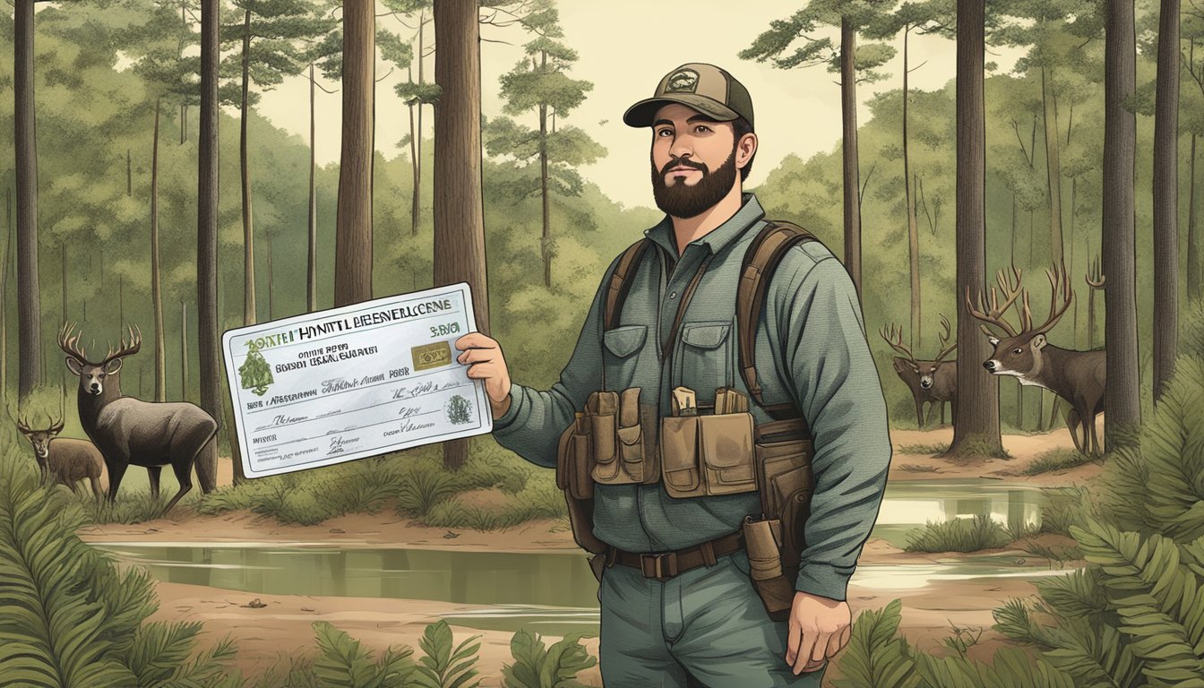 A hunter holding a South Carolina non-resident hunting license, surrounded by a forest and wildlife