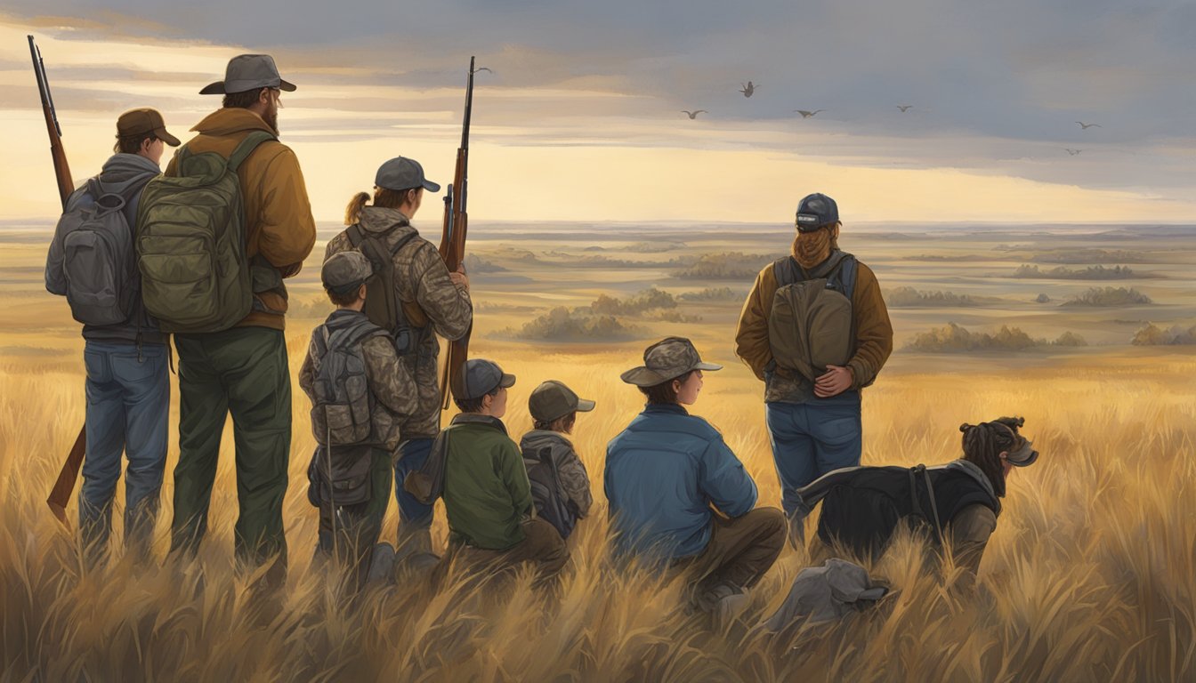 A group of young hunters gather in a North Dakota field, accompanied by instructors, learning about wildlife and conservation