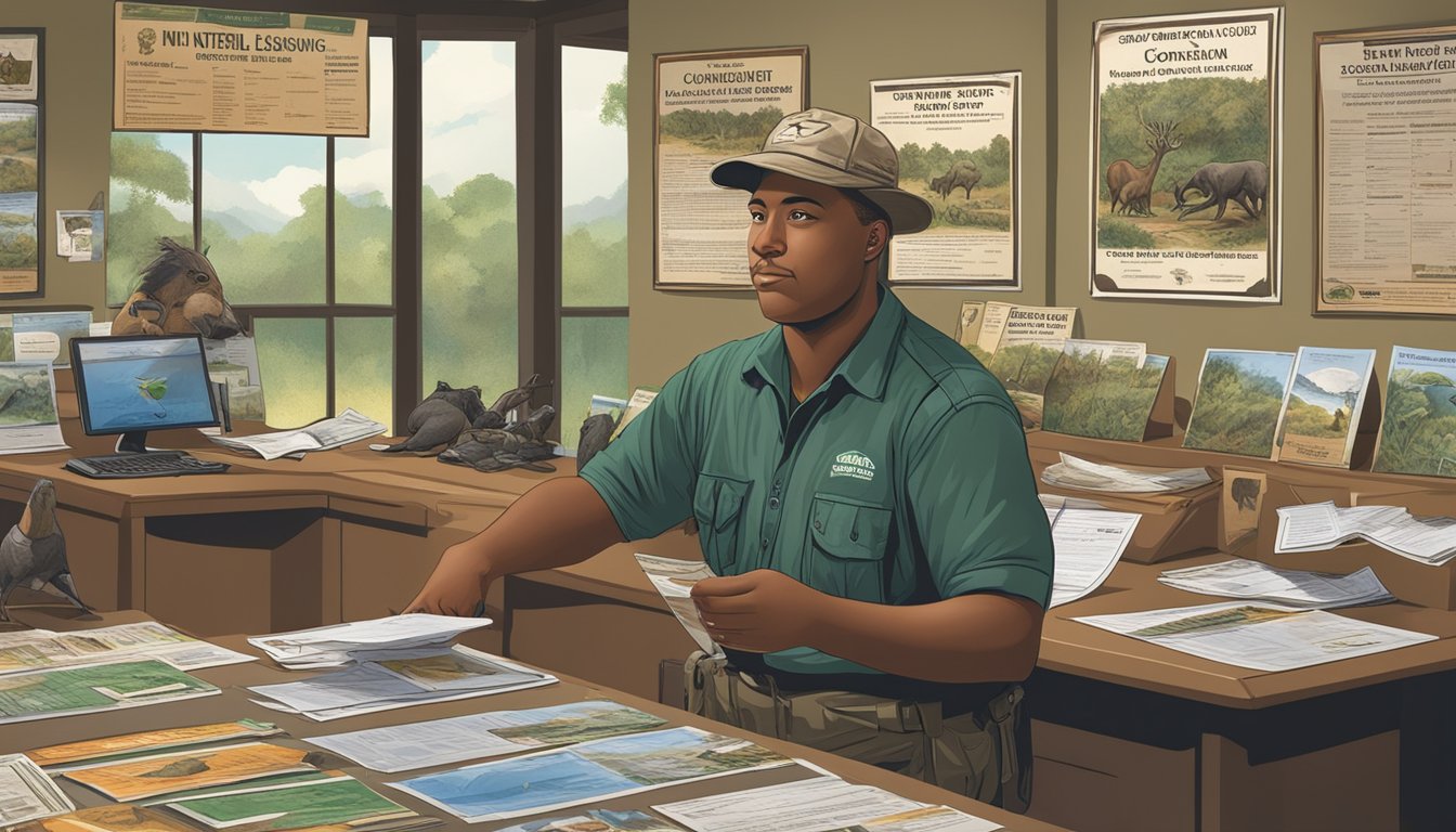 A hunter purchasing a South Carolina non-resident hunting license at a conservation office, surrounded by wildlife posters and informational brochures