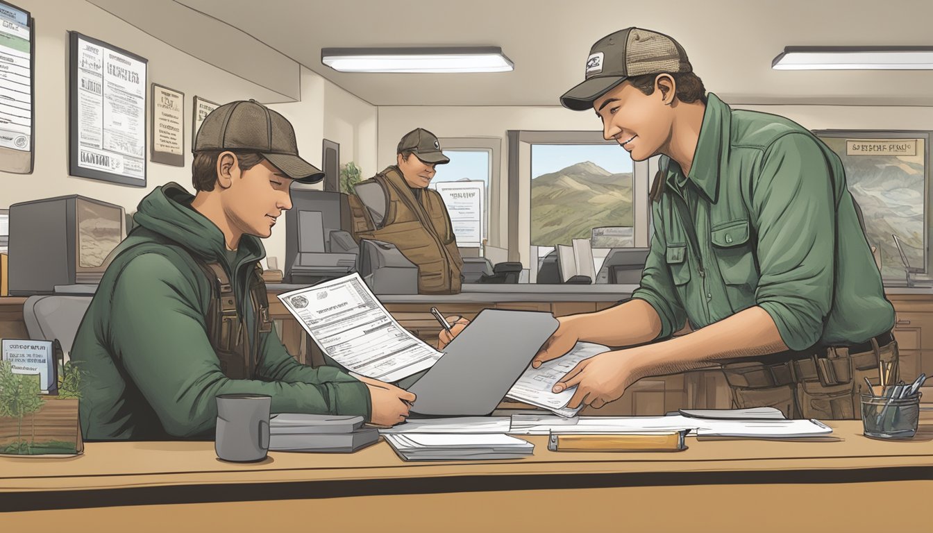 A hunter purchasing a South Dakota non-resident hunting license at a wildlife office counter