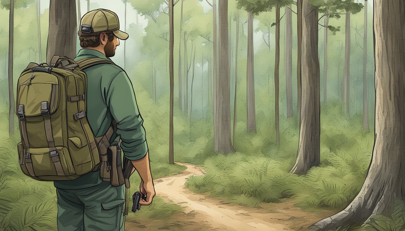 A forest clearing with a hunter's backpack, rifle, and a map of South Carolina pinned to a tree