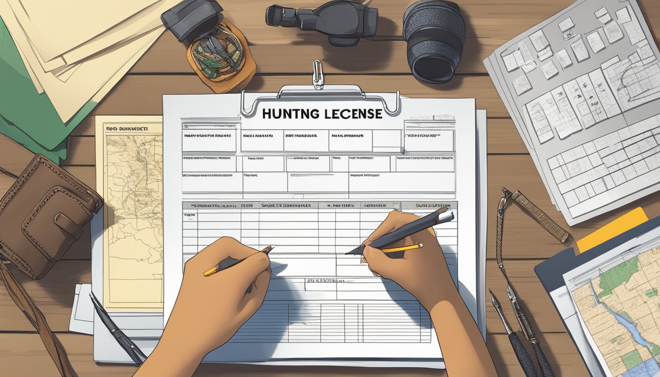 A hunter fills out an application form for a South Dakota non-resident hunting license. The form is laid out on a desk, surrounded by hunting gear and a map of the state