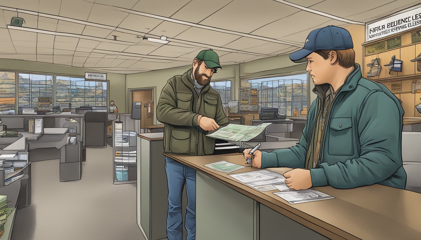 An illustration of a hunter purchasing a non-resident hunting license at a Oregon Department of Fish and Wildlife office