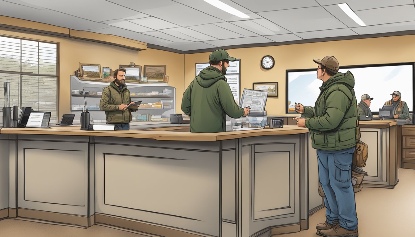 A hunter purchasing a South Dakota non-resident hunting license at a wildlife office counter