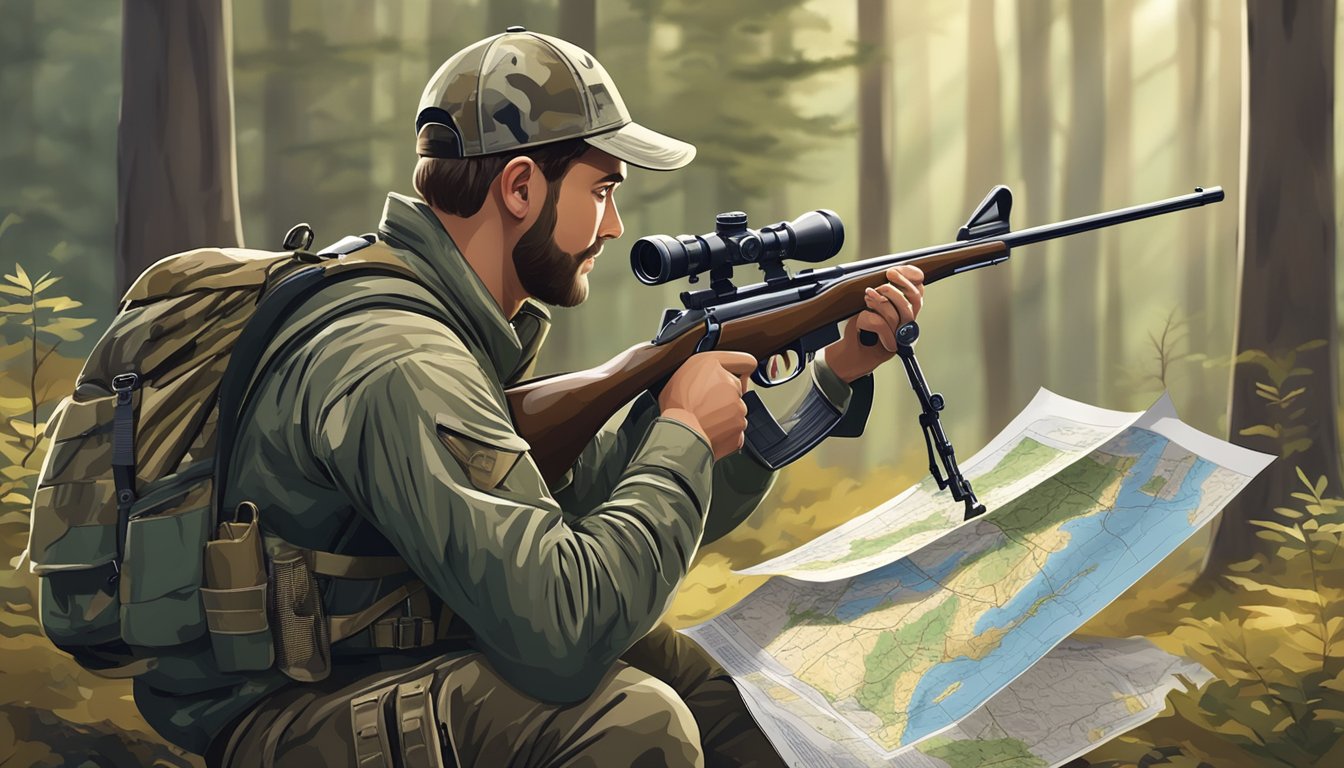 A hunter in camouflage holding a rifle, surrounded by forest and wildlife, checking a map and a hunting license